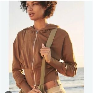 Free People FP Movement Elevate Zip Up Cropped Hoodie S Brown Camel Athleisure